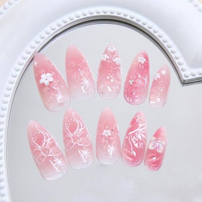 24Pcs Pink Press on Nails Medium Almond Fake Nails 3D Flower False Nails Cute Glossy Glue on Nails with Bow Designs Pink Almond Shaped Artificial Nails Full Cover Stick on Nails for Women Manicure