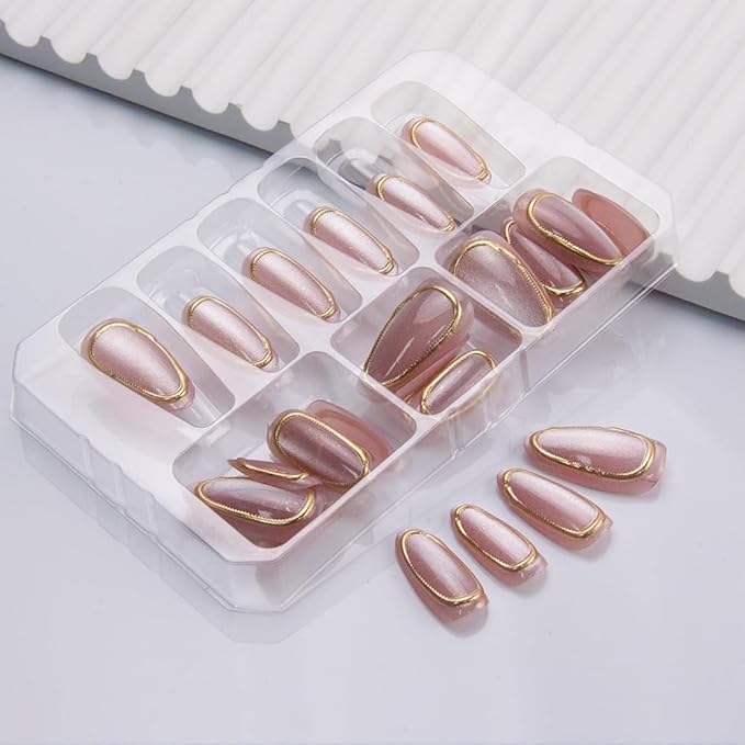 Press on Nails Almond Cat Eye Fake Nails 3D Gold Acrylic False Nails Press ons with Stripes Bubble Designs Pink Glossy Cute Glue on Artificial Nails for Women Girls Manicure 24Pcs