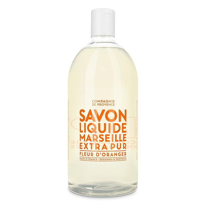 Compagnie de Provence Savon de Marseille Extra Pure Liquid Soap - Orange Blossom - 16.7 Fl Oz Glass Pump Bottle and 33.8 fl oz Plastic Bottle Refill