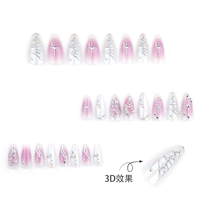 Handmade 3D Silver Butterfly Star Press On Nails Medium Almond, Silver Cute Charms Designer Reusable Acrylic Fake Nails With Glue On Nail, Nails Press Ons Daily Wear False Nails For Women