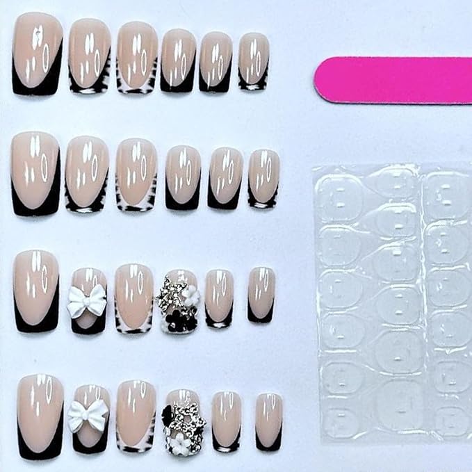 24Pcs Black French Tip Square Press-on False Nails with Zebra Print, White Bow, Flower Rhinestones, Silver Star Designs, Full Cover Artificial Glue-on Nails