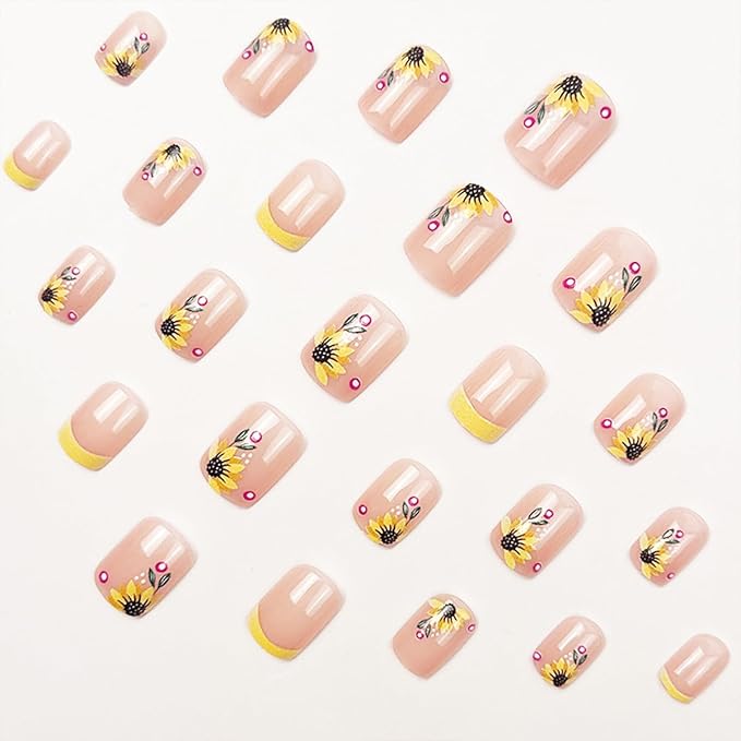 Flower Press on Nails Short Square Fake Nails Pink False Nails Floral Leaf Glossy Full Cover Acrylic Nails Artificial Cute Stick on Nail for Women Manicure 24Pcs