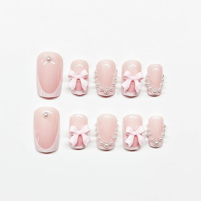 White French Press on Nails Medium Square Fake Nails Pink Nails Press ons Cute Acrylic Nails Spring False Nails with Pearl Bow Charm Designs Artificial Stick on Nails for Women 24Pcs