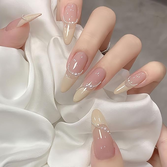 IMRAIN Press on Nails Long Stiletto Fake Nails Pearl French Tips False Nails Glossy Full Cover Glue on Artificial Nails for Women Girls 24Pcs
