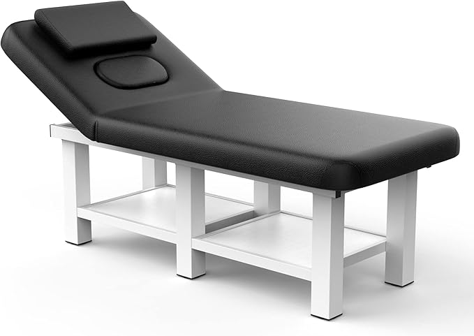 pouseayar Metal Frame Wide Stationary Massage Table for Treatment Table Physical Therapy Table Spa Facial Bed, PU Leather 31.5'' Wide 75'' Long Heavy Duty Professional Stationary Massage Bed - Black