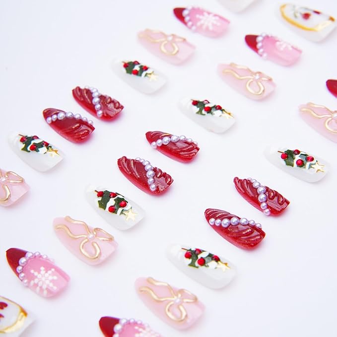 30Pcs Christmas Press on Nails Medium Almond Fake Nails 3D Gold Bow Christmas Trees Snowflake False Nails with Pearl Rhinestones Design Red French Tips Glue on Nails for Women Winter Nail Decortion