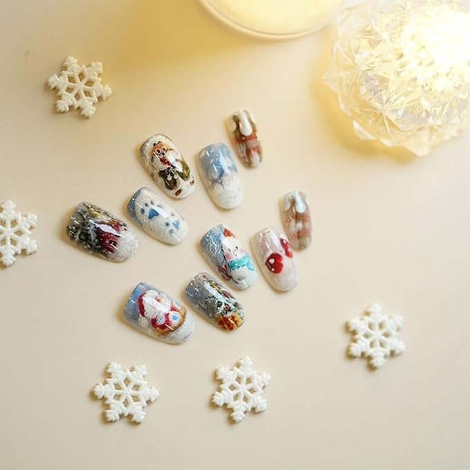 30Pcs Winter Press on Nails Short Oval Almond Christmas Fake Nails with Snowman Santa Claus Xmas Tree Designs Cute Christmas Acrylic Nails Snowflakes Full Cover Stick on Nail for Women Manicure DIY