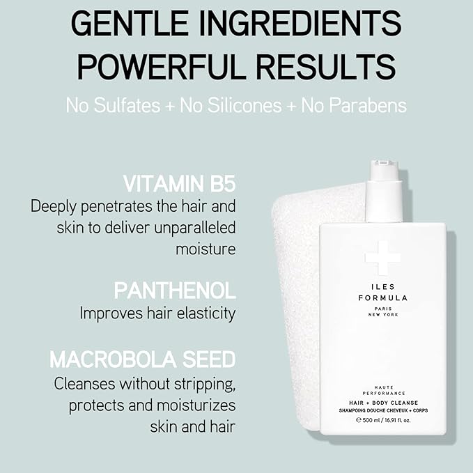 ILES FORMULA Haute Performance Hair + Body Cleanse + Natural Sponge - Gently Cleanse & Nourish Hair + Body, Sulfate, Silicone & Paraben Free, 500 ML