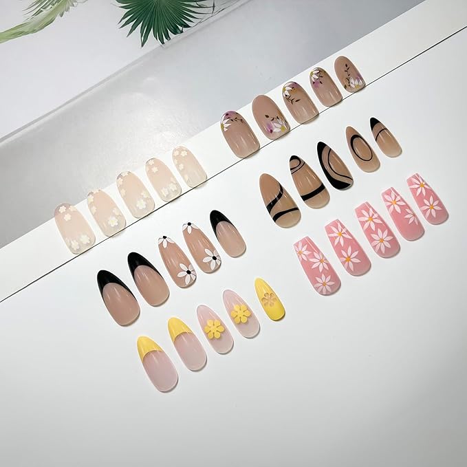 6 Packs (144 Pcs) Press on Nails Medium, Jsiallye Press on Nails Ballet with Daisy, Flower Press on Nails Almond, Glue on Nail in 12 Sizes - 24 Fake Nails Kit, Stick on Nails for Women