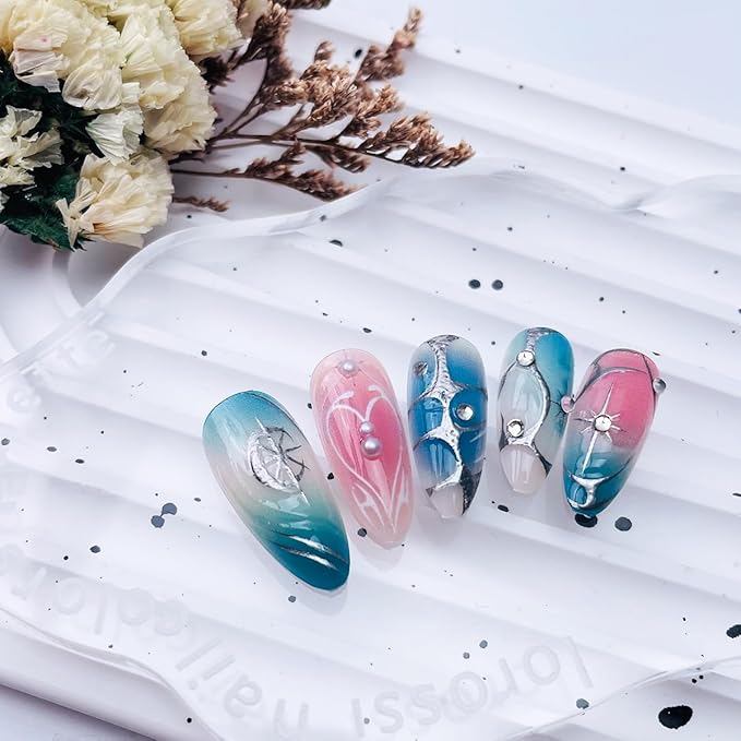 Almond Press on Nails Medium Fake Nails Pink Blue Gradient False Nail with Rrhinestones Designs Full Cover Glue on Nails 3D Handmade Press on Nails Silver Line Strips Acrylic Nail for Women 24Pcs