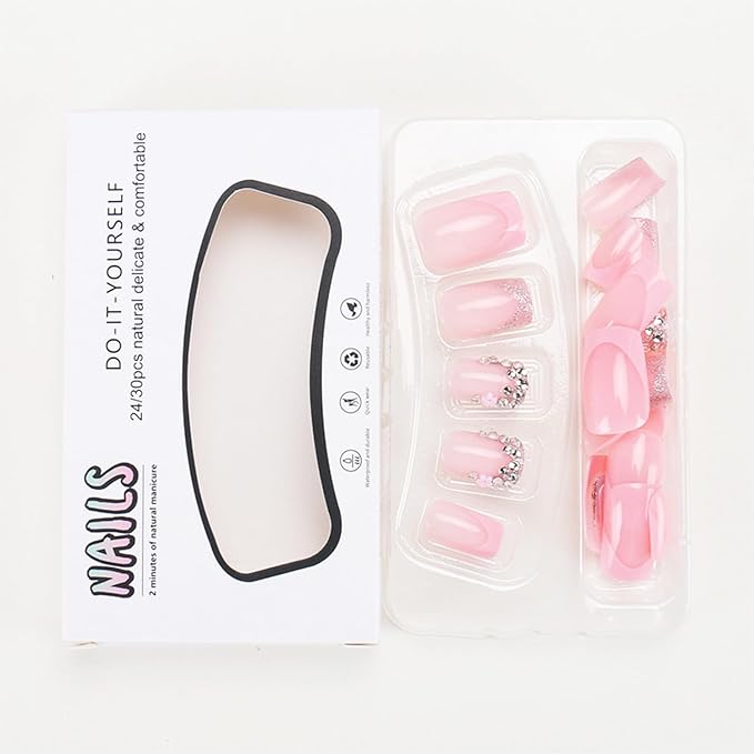 24pcs Pink French Tip Press on Nails Short Fake Nails with 3D Flower Rhinestones Square Nail Tips Designs Silver Glitter Stick on Nails French False Nails Full Cover Glossy Glue on Nails for Women