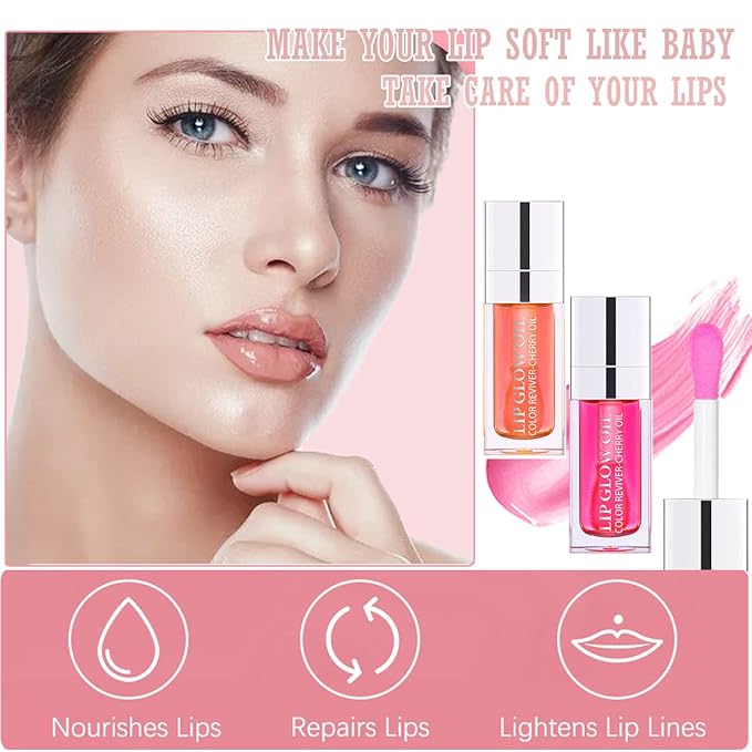 2 Colors Hydrating Plumping Lip Glow Oil,Moisturizing Lip Oil Gloss Transparent Glossy Lip Gloss Primer Lip Tint for Lip Care and Dry Lip (001#+007#)