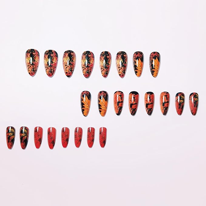 24Pcs Fall Press on Nails Medium Almond Fake Nails Maple Leaf False Nails Autumn Full Cover Acrylic Nail Maple Leaves Glue on Nails Reusable Thanksgiving Artificial Nail Supplies for Women