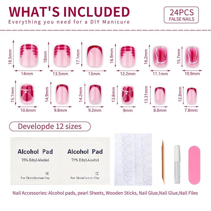 Short Square Press on Nails with Red Flower Designs Of Silver Lines Fake Nails Nude Acrylic Press ons Nails Full Cover Stick on Nails Reusable for Women Manicure Kit 24 Pcs