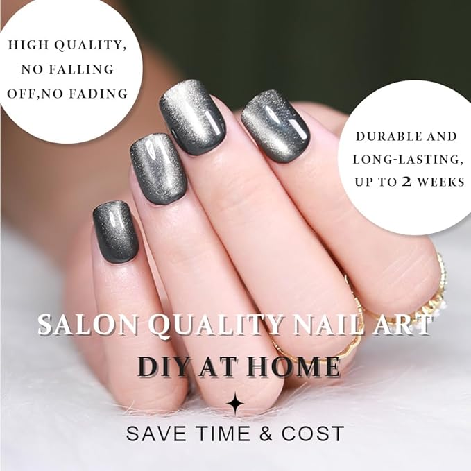 evpct Black Silver Cat Eye Press on Nails Short Square, Short Square Stick Glue on Nails for Women Gift, Silver Grey Gray Metallic Glitter Shimmer Reusable Gel Press on Acrylic Fake Nail with Design