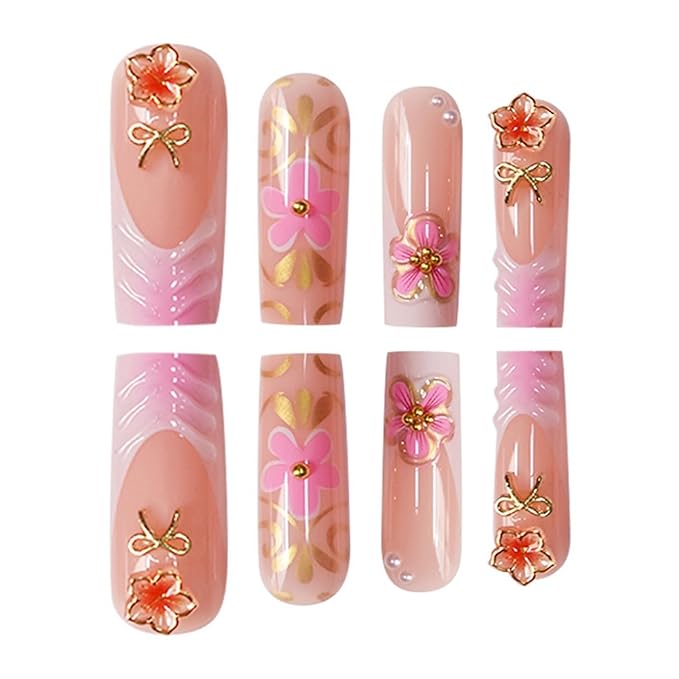 Square Press on Nails Long Fake Nails French Tip False Nails Pink Artificial Nails with Floral and Gold Charm Designs Cute Summer Nails Stick on Nails for Women 24pcs