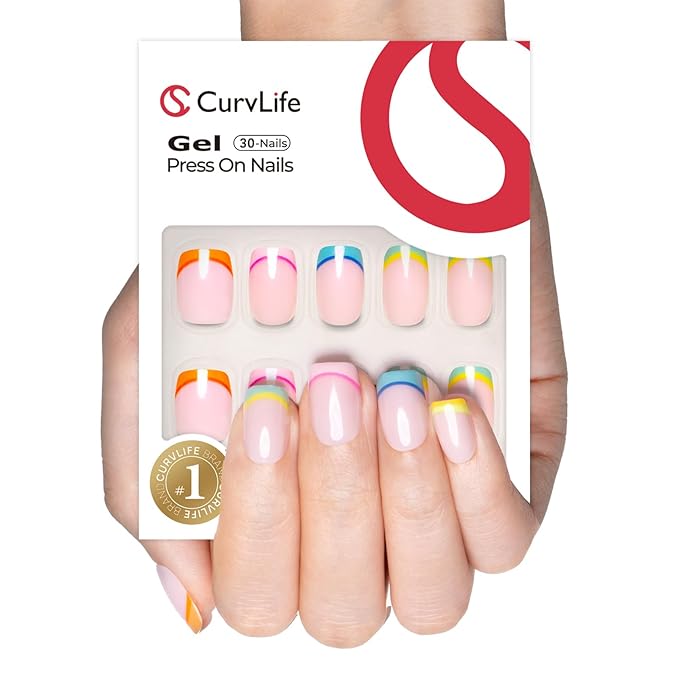 Curvlife Press on Nails Gel Fake Nails with Rainbow-French Design Full Cover False Nails for Women Reusable Nail Kit with Nail Glue Adhesive Tabs Nail File
