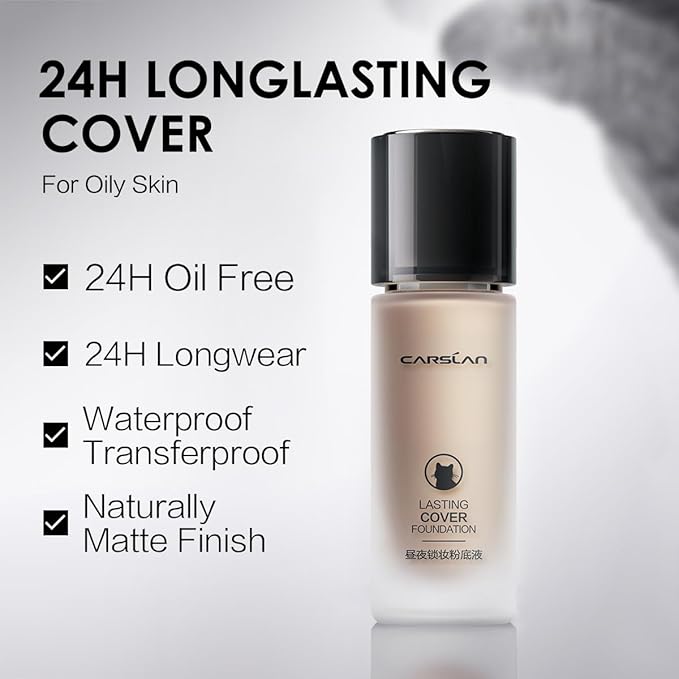 CARSLAN Lasting Cover Foundation, 24H Longlasting Full Coverage Matte Finish Face Makeup, Poreless, Lightweight, Waterproof, Oil Free Liquid Foundation, W01
