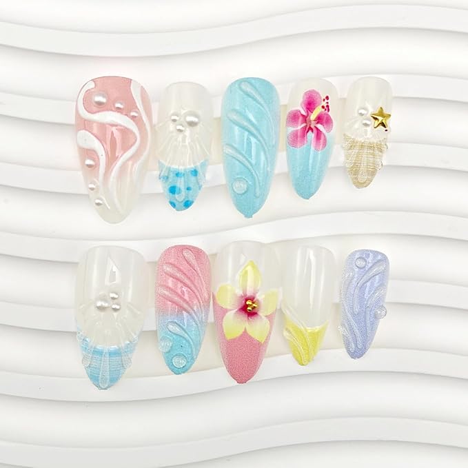 24Pcs Flower Press on Nails Medium Almond Fake Nails Flowers Sea Shell Pearl Rhinestones Glitter Design Full Cover Blue French Tip Stick on Nails Summer False Nails for Women Girls Acrylic Nail Art
