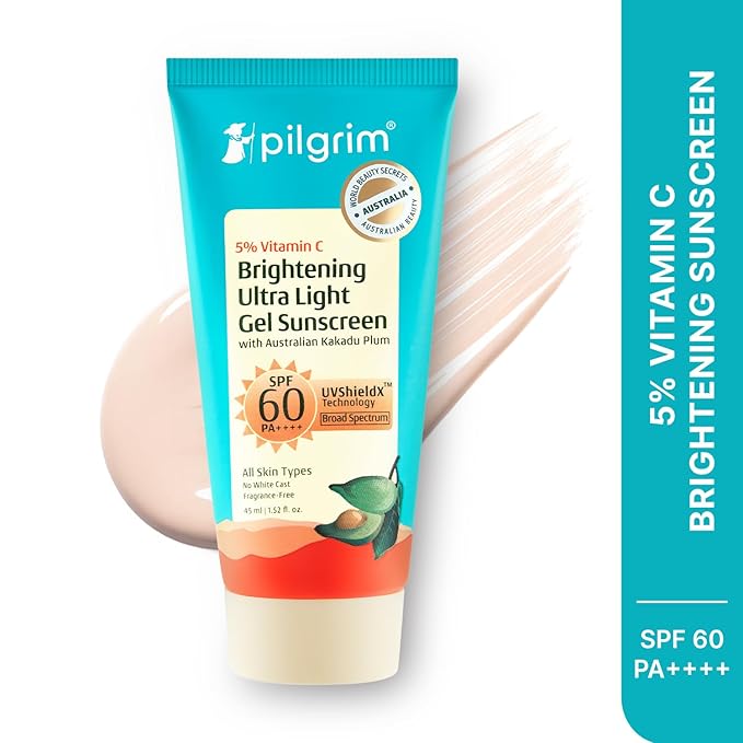 Pilgrim Vitamin C Gel Sunscreen SPF 60 PA++++, 45ml – Broad Spectrum, Lightweight, Non-Greasy, for All Skin Types