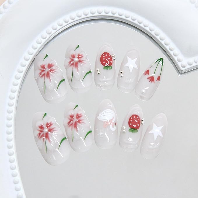 24Pcs Almond Press on Nails Medium Fake Nails with Strawberry Flower Designs Cute Swan Bow Glue on Nails 3D Flowers Acrylic Nail Pearl Charms Summer Floral Stick on Nails for Women