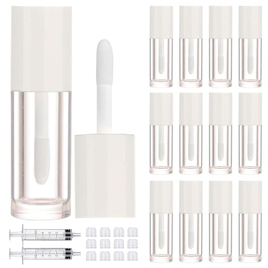 12pcs 2.5ml Empty Lip Gloss Tubes with Wand Cute Lip Gloss Containers Refillable Cosmetic Lip Balm Tubes Lip Gloss Supplies Kit + 2pcs Syringes (White)