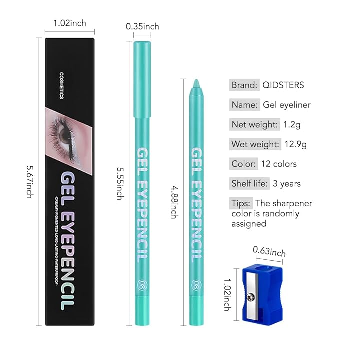 Lake Blue Matte Gel Eyeliner Pencil, Multi-Use Waterline Eyeliner with Sharpener, Sharpenable Eye Liner Waterproof Smudge Proof, High Pigmented Eye Makeup Liners, Vegan & Cruelty-Free 08