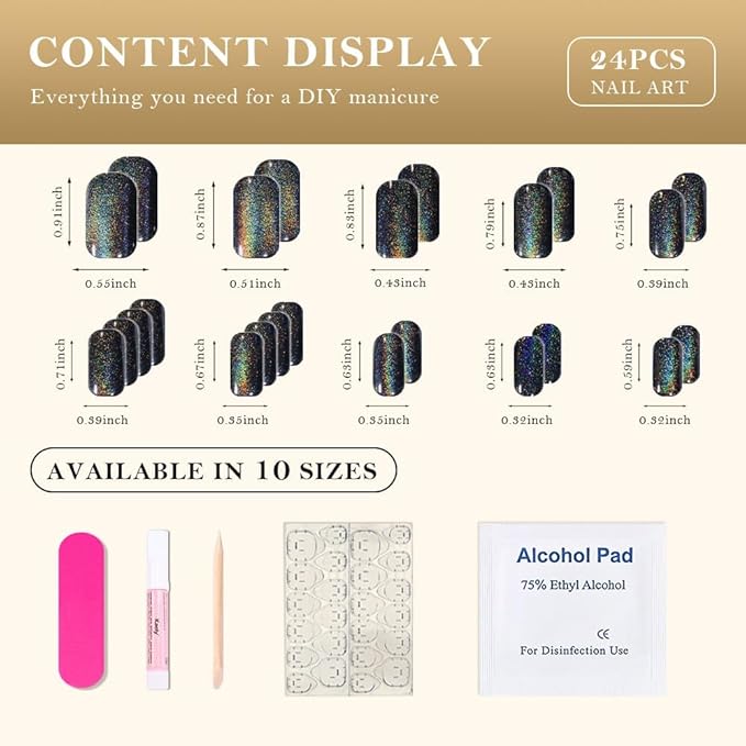 Cat Eye Black Rainbow Press On Nails Medium Square, Designer Reusable Acrylic Fake Nails with Glue, Glossy Soft Gel Nails Wedding and Party, Stick On Glue On Nails, Nails Press Ons for Women