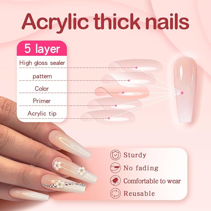 Yivaiks Pink Press on Nails with Charms Long Fake Nails with Designs Glue on Nails Press ons Rhinestones Coffin Artificial Nails for Women Nude Nails False Nail Kit 24pcs