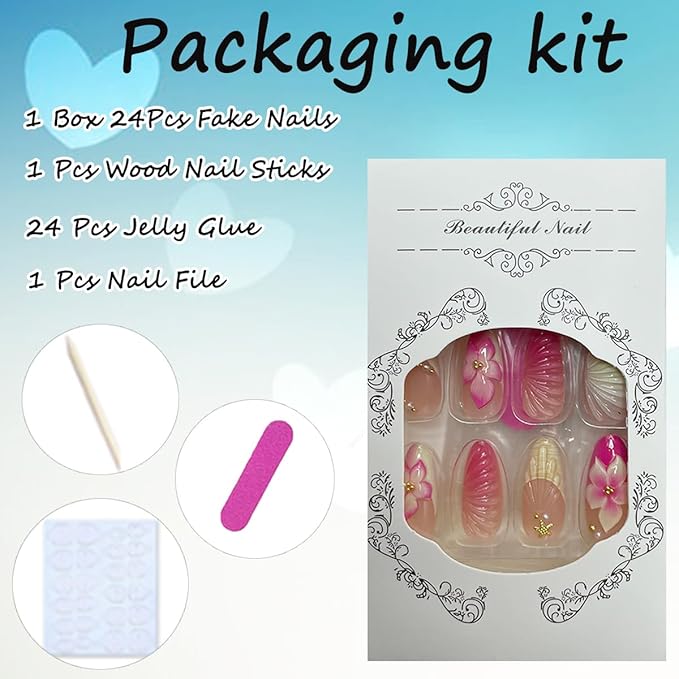 24Pcs Medium Press on Nails Almond French Tip Fake Nails Pink Hawaii Flower Acrylic Nails with Gold Rhinestones Design Summer Glue on Nails Full Cover Artificial False Nails Tips for Women Manicure