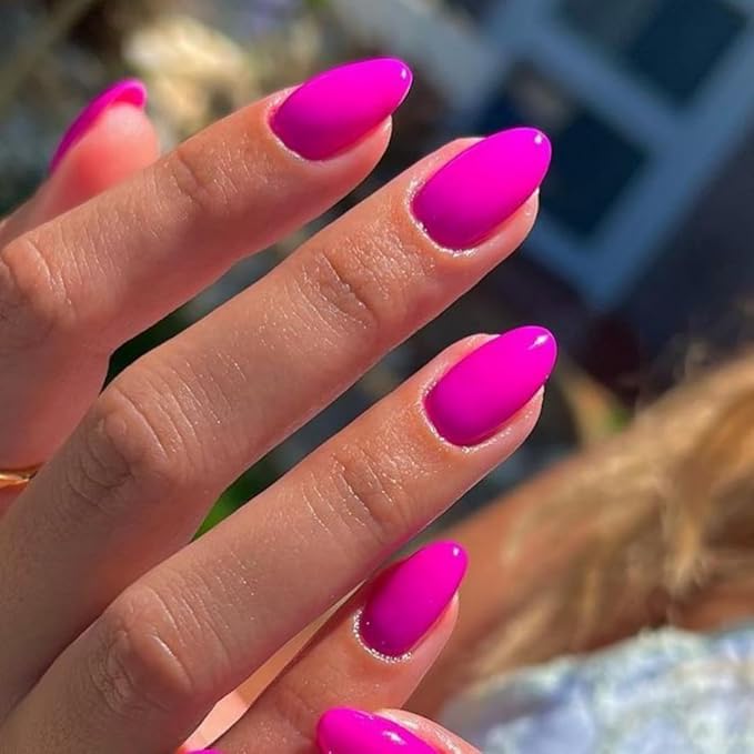 Hot Pink Press on Nails Short Almond Fake Nails Press ons, Thick Solid Color Neon Glue on Nails Short False Nails Medium Almond Nails Oval Round Shaped Nails for Women, 24Pcs Natural Acrylic Gel Nails