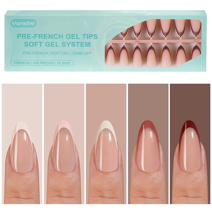 150Pcs French Gel Nail Tips Almond, Vansiho Medium Nail Tips, Pre-French Tips Press on Nails, Acrylic Fake Nails for Nail Art DIY 15 Sizes