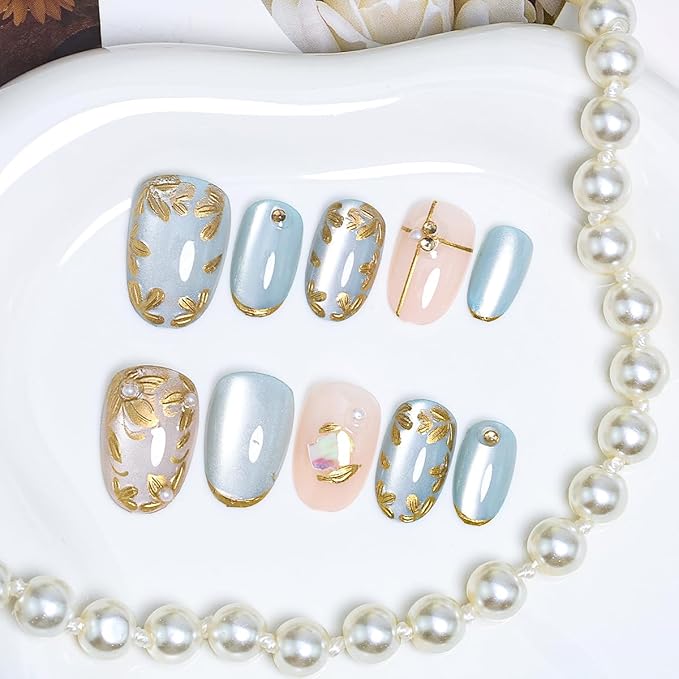 24Pcs Gold French Tip Fake Nails Short Press on Nails Gilded Flower Leaves Full Cover Glossy False Nails with 3D Rhinestones Glue on Nails Glitter Fall Floral Artificial Nails for Women Manicure Kit