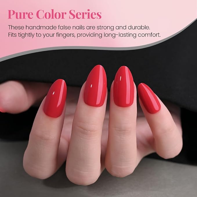 evpct Glossy Press on Nails Short Almond Short for Women, Vermillion Red Fake Nail with Glue Salon Quality Reusable Stick on Nails In 15 Sizes 30Pcs Full Cover False Nail Soft Gel Set Kit for Gift, 24
