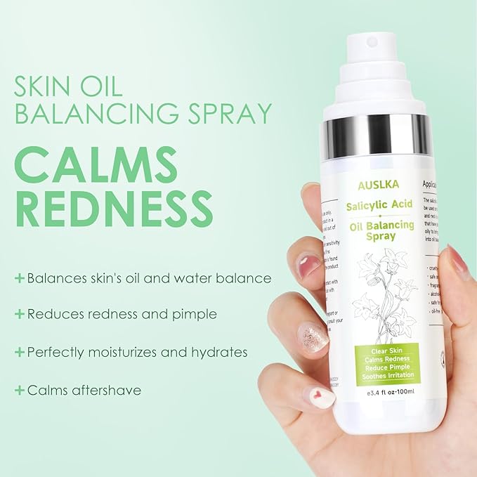 AUSLKA Salicylic Acid Oil Balancing Spray with 2% Salicylic Acid Regulates Skin Balance for Pimple and Oily Skin, Fruit Acid Spray for Face & Body (3.4 Fl Oz)