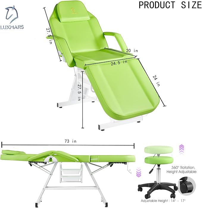 Facial Chair Tattoo Chair Massage Table 73 Inch Spa Salon Facial Bed Adjustable Spa Bed Professional Facial Beauty Spa Salon Equipment with Spa Stool Green