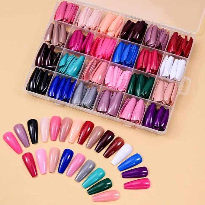 Long Coffin Press on Nails Solid Color Fake Nails Full Cover False Nails Glossy Acrylic Glue on Nails Reusable Artificial Nail Stick on Nail for Women Manicure 12Color - 576Pcs