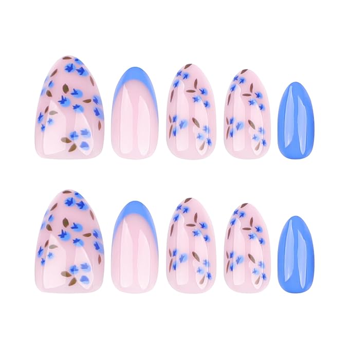 Press On Nails Spring Summer Acrylic Nails for Women - Blue Flower Designer Fake Nails Short Almond 24PCS, Blueberry Gel with Glue, Outdoor Picnic/Wedding/Party Reusable Stick On Nails Gift