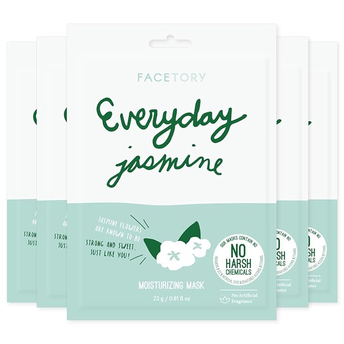 FACETORY K Beauty Face Mask Skin Care - Everyday JASMINE Moisturizing Sheet Mask | Plant-Based with Jasmine Infusion (5 Pack)