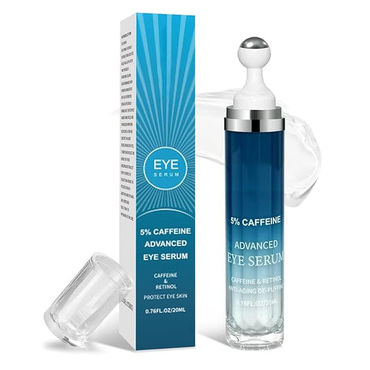 5% Caffeine Eye Cream & Under Eye Serum for Dark Circles and Wrinkles, Under Bags Treatment, Anti-Aging Caffeine Serum with Hyaluronic Acid and Niacinamide, 360° Roller Massage(20ML)