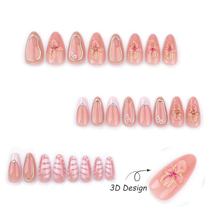 24Pcs Spring Flower Press on Nails Short Almond Fake Nails with 3D Floral Star Pearls Charms Glue on Nails Gold Chrome False Nails Pink French Tip Acrylic Press ons Stick on Nails for Women Girls