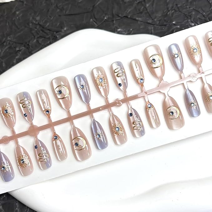 30Pcs Almond Press on Nails Medium Length Fake Nails 3D Star with Rhinestones Design Acrylic Nails Gold Chrome Moon Snake False Nail Luxury Artificial Nails Glitter Full Cover Stick on Nails for Women