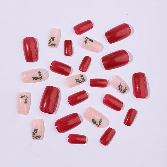 24Pcs Christmas Press on Nails Short Square Fake Nails with Holly Designs Red Xmas False Nails Winter Snow Acrylic Nail Full Cover Stick on Nails for Women DIY Christmas Manicure Decoration