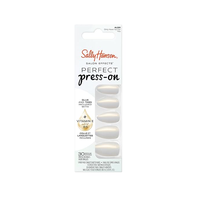 Sally Hansen Salon Effects Perfect Press-On Nails | Almond Shape | Easy to Apply, Non-Damaging | 30 Nails, Nail Glue, Adhesive Tabs, File | Only Have Ice For You