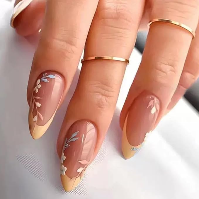 144 Pcs Press on Nails Medium Almond Fake Nails with Glue French Tip False Nails with Designs Glue on Nails Full Cover Acrylic Stick on Nail Reusable Artificial Nail for Women Manicure 6 Packs