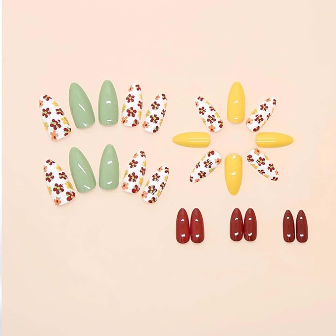 24 Pcs Press on Nails Almond Short Fake Nails Multiple Color Glossy Full Cover with Floral Designs Glue on Nails Reusable Acrylic Nails Removable Stick on Nails for Women Girls