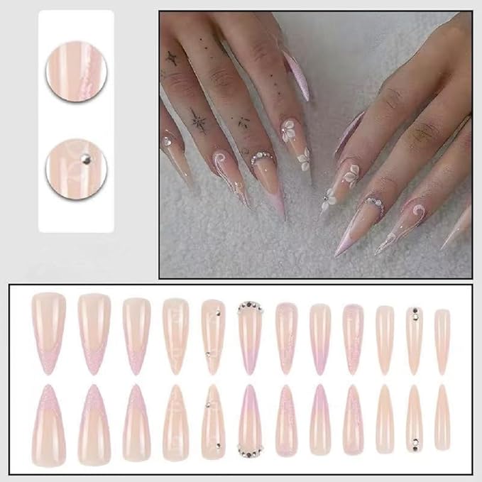 Long Press on Nails Stiletto Fake Nails French Tip False Nails with Flower Design Rhinestone Glitter Glossy Acrylic Artificial Nails for Women 24 Pcs