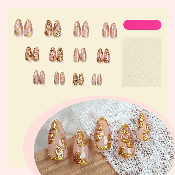 24Pcs Gold Press on Nails Medium Almond Fake Nails with Pink Glitter Glue on Nails Gold Chrome Full Cover Nail Tips French False Nails Pink Acrylic Nails Glossy Stick on Nails for Women Manicure