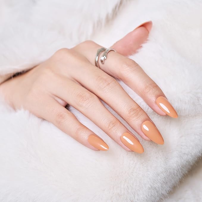 Press on Nails Almond,Nude Brown Medium Stiletto Glossy Handmade Gel False Nails,Reusable Salon Perfect Fake Nail Kit in 12 Sizes - 24 Pcs Soft Gel Glue On Nails Kit for Women Gift