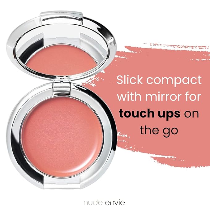 Nude Envie - Cream Blush - Creamy & Blendable for Easy Application - Pigmented Long-Lasting Dewy Finish - With Hyaluronic Acid - Mirror Compact - Vegan, Paraben-Free & Cruelty-Free - Peachy